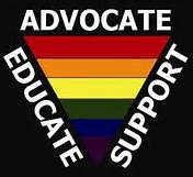 an upside down rainbow colored triangle with the words educate support advocate